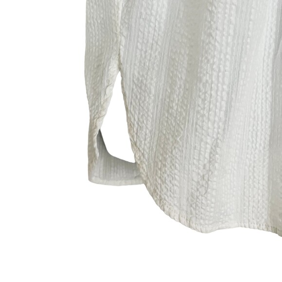 Free People White SeerSucker Blouse Sz 8 Button Tunic Top Floral Trim L/S White - Picture 4 of 13